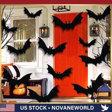 12PCS Halloween Hanging Bats 3D Realistic Black Flying Bats Glowing Eyes