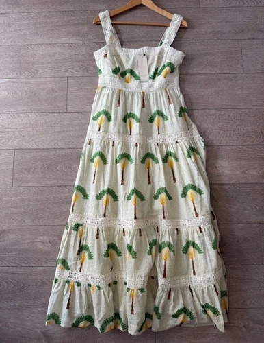NWT Calypso St Barth Tiered Maxi Dress sz M Palm Tree Print Crochet Trim Cotton