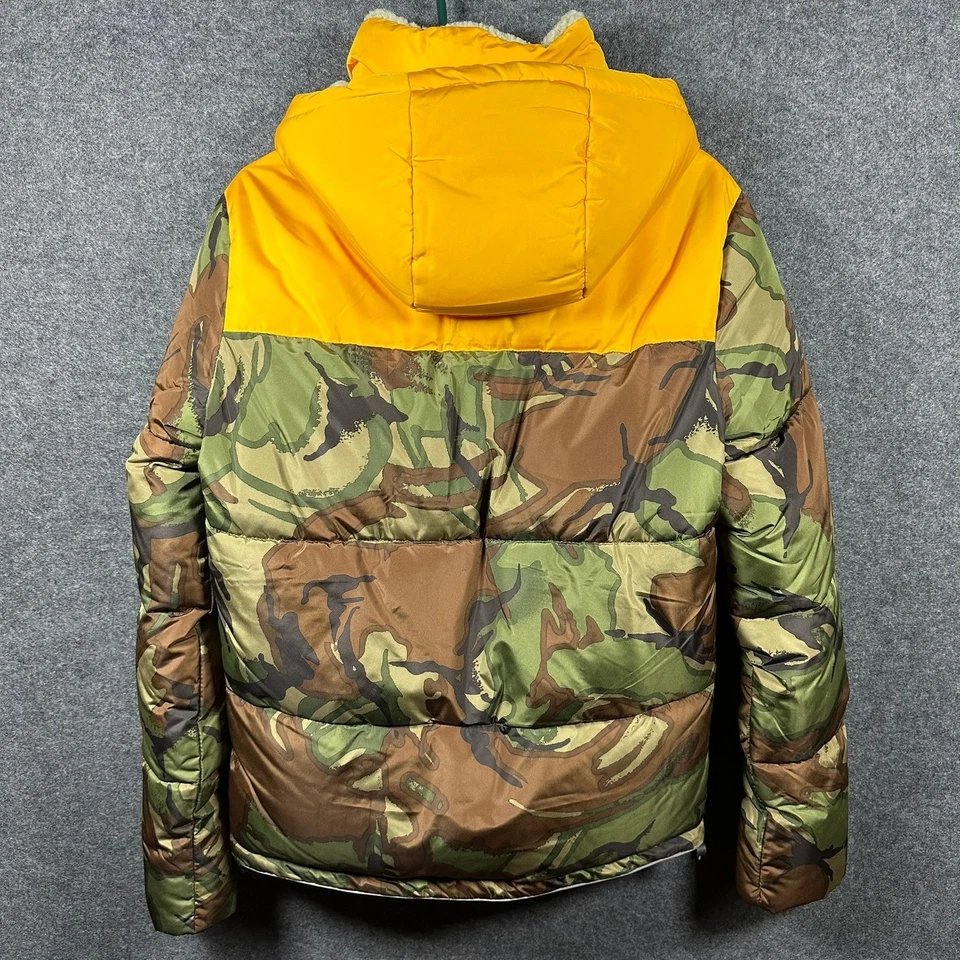 Superdry 男式小号 Mountain Squad 迷彩 Puffer 夹克连帽黄色 — 第 3/4 张图片