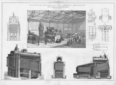 Wasserrohrkessel auf der Antwerpener Ausstellung antiker Druck 1885