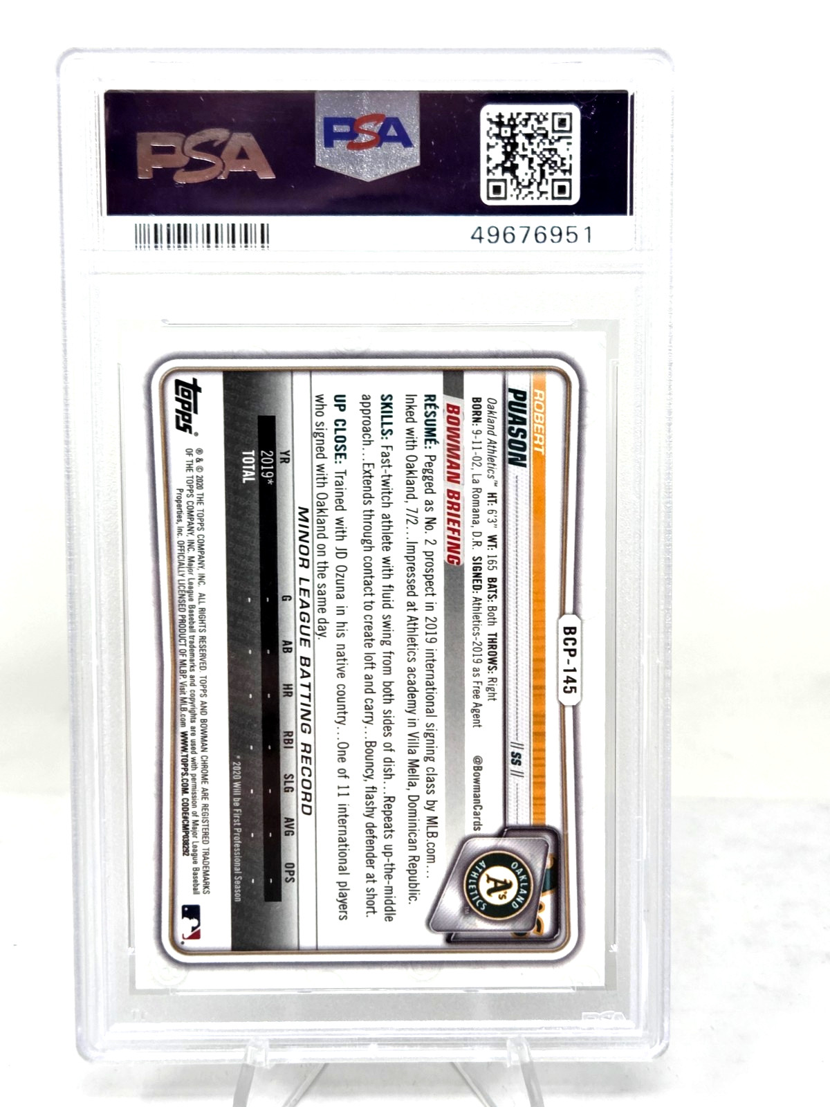 2020 Bowman Chrome ROBERT PUASON RC Rookie Baseball Card PSA 10 GEM MINT view 2