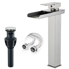 Brushed Nickel Bathroom Sink Faucet Tall Waterfall Vessel Mixer Single Handle