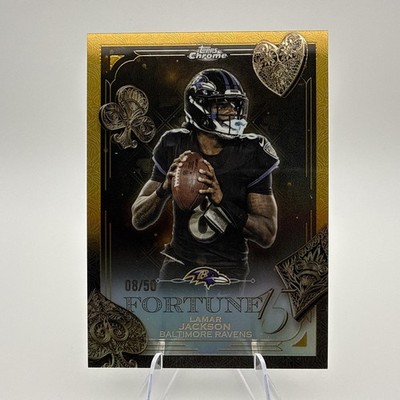 2025 Topps Chrome LAMAR JACKSON Fortune 15 Gold Refractor /50 Jersey Match F15-1