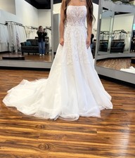 White Strapless Lace Beaded Tulle Ball Gown Wedding Dress A-Line Train Corset