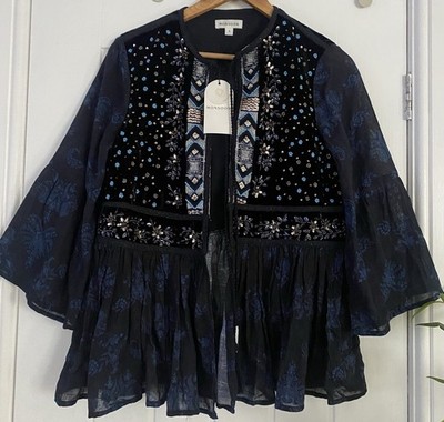 Monsoon Sequin/Bead Embellished Blue/Black Tie front velvet Kimono Jacket 10 BN 