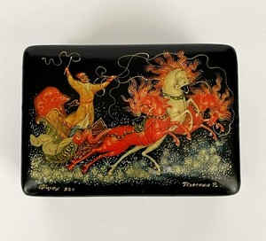 ❗Palekh 1995 small Russian Lacquer box "Troika of horses" handmade ussr art RARE