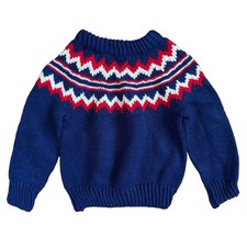 Vintage 80s Hand Knit Wool Sweater Kids Size 4-6 Blue Red Pullover