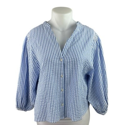 Lindex Blue White Striped Long Balloon Sleeve Button Up Shirt Blouse Top Size XL