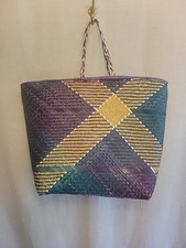 Woven Tote Basket Double Braided Handles Summer Tote Bag Purple Tan Teal