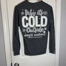 Simply Southern Baby It's Cold Outside Long Sleeve Sparkle Gray Shirt Small