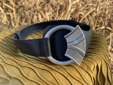 Chico  s Women  s Adjustable Black Leather Belt with Artistic Nickel-Toned Buckle