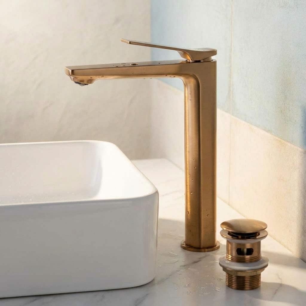 Tall Brushed Copper Bathroom Sink Tap Mixer Single Lever