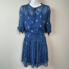 Ba&sh Boho Smocked Waist Mini Dress Blue Gold Metallic Geometric Fairy 0 US 4