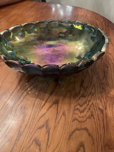 Vintage Blue Carnival Glass Iridescent Finish Large Footed Oval Fruit Bowl