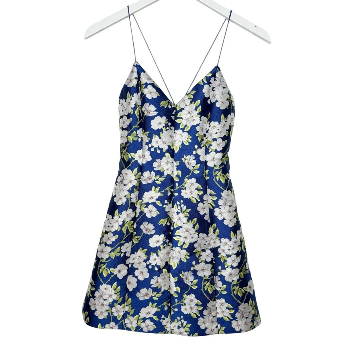 Alice & Olivia Tayla Structured Lantern Dress Blue Floral Jacquard Size 0 View 3