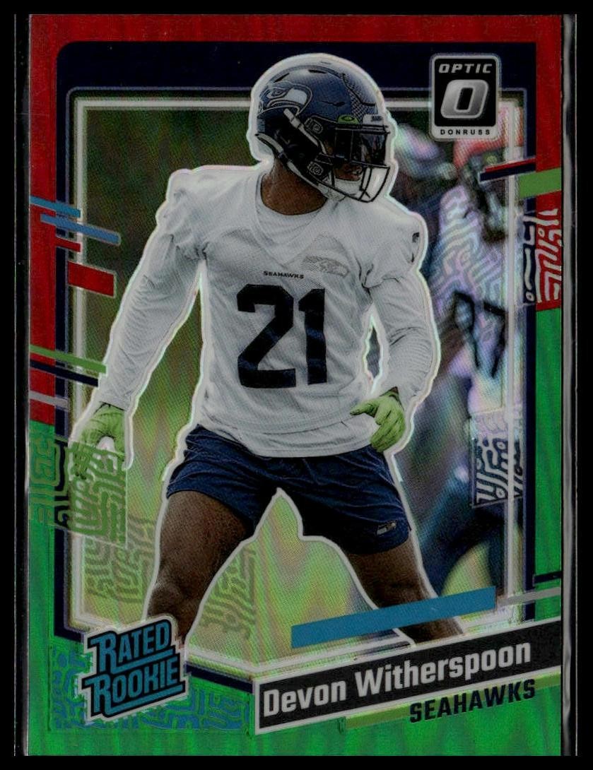 2023 Donruss #389 Devon Witherspoon Optic Rated Rookie Preview Red & Green Prizm