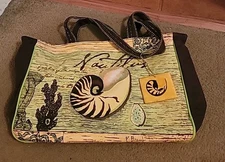 Paul Brent Sun N Sand Nautilus Shell Canvas Bag Tote Purse Nautical Beach EUC