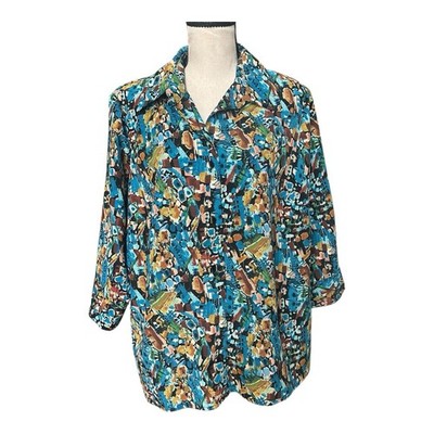White Stag Abstract Glitter Button Up Blouse 2X 18W 20W Top Sparkle Teal Brown
