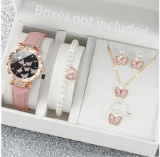 Women's Pink Leather Butterfly Quartz Watch & Pearl Jewelry Set – 6 Pcs Gift