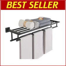 Practical Matte Black Towel Shelf with Double Bars - Easy Installation Included