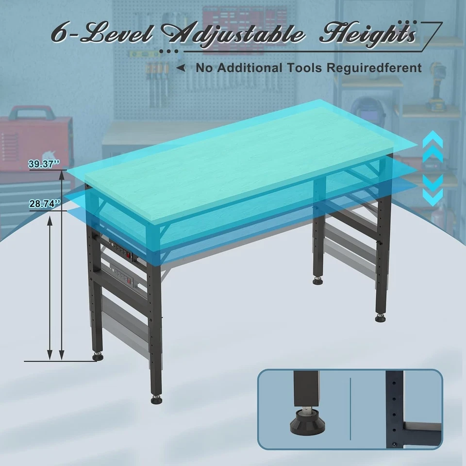 Height adjustable workbench 60 inches with power socket, rubber wood workbench - Image 3 of 4