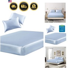 Satin Twin XL Fitted Sheet Pillowcase Set Baby Blue 3 Piece Modern