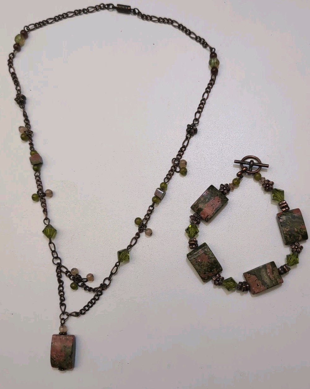 copper chain, green  pink beaded  rectangular jas… - image 11