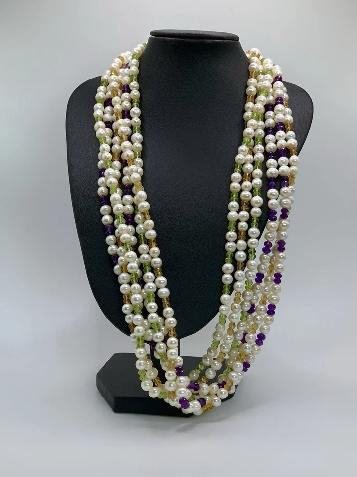 Collana Multi Filo Vintage Pietre Preziose Ametista Peridoto Citrino Idea Regalo - Immagine 2 di 4