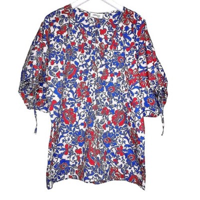 OTTOD'AME Puff Sleeve Blouse Floral V-Neck Red Blue White Cottage Boho Prairie 2