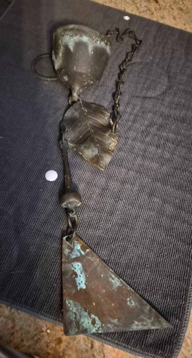 RICHARD FISHER BRONZE WIND CHIME BELL WITH LEAF ORIGINAL PATINA VINTAGE