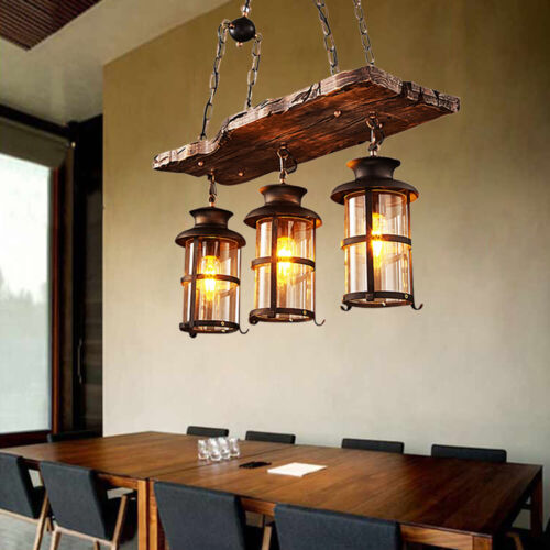 3-Light Chandelier Industrial Ceiling Lamp Rustic Wood Hanging Pendant Light
