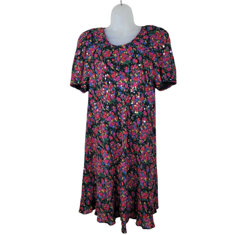Vestido Camisa Vintage Años 90 Lentejuelas Talla Mediana Grande Floral Grunge Rosa Antiguo Rojo Rosa Foto 2 de 4