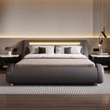 Curve Deluxe Upholstered Modern Bed Frame with LED Headboard, Dark Grey