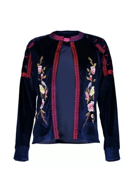 Chaqueta Boohoo Ella Bordada Terciopelo Frente Abierto Para Mujer M/L Azul Marino Rojo Floral Boh Foto 3 de 4