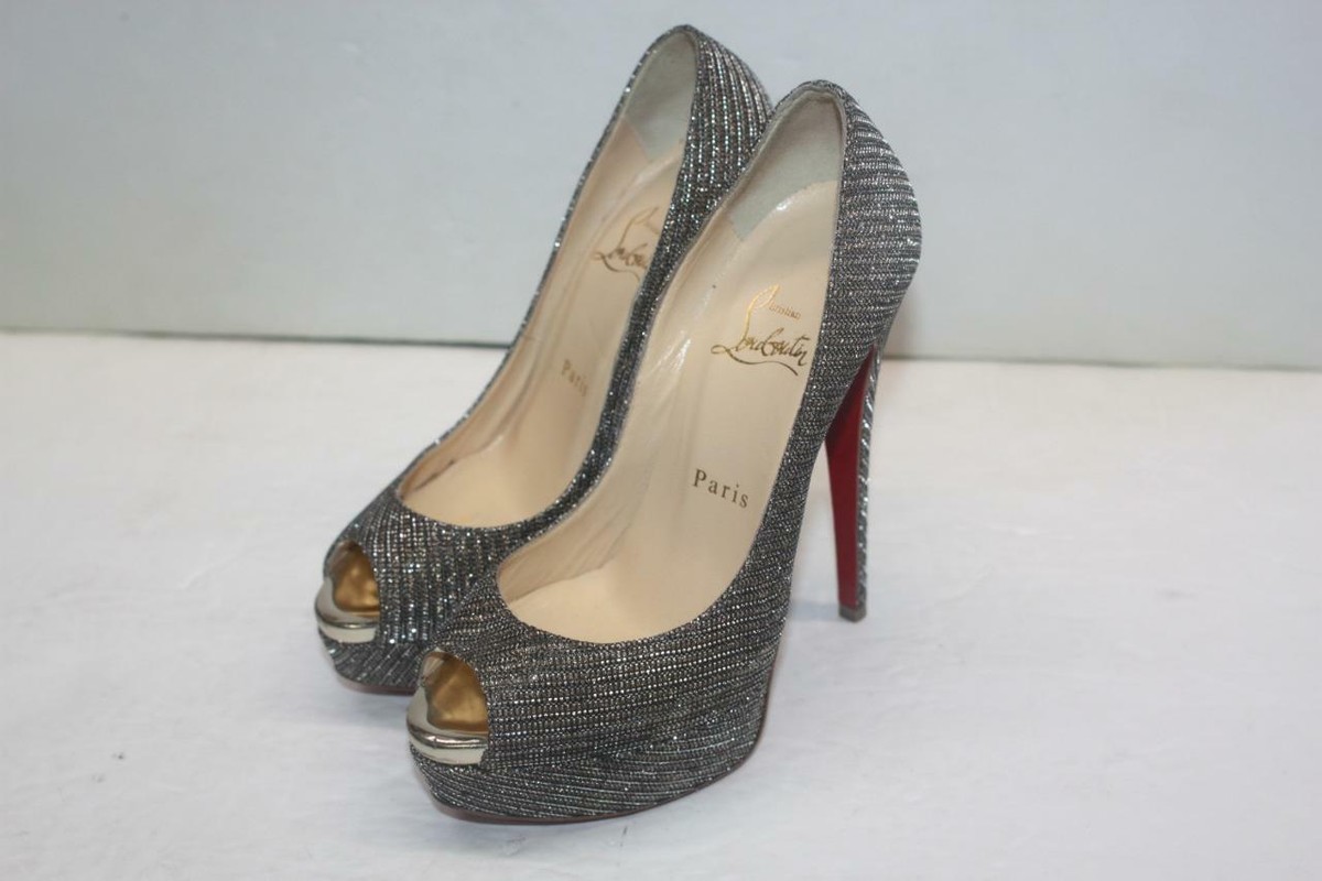 Christian Louboutin Lady Peep Evening Gold Glitter Mesh Pump Shoes