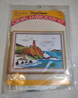 NEW SEALED 1974 Pauline Denham Lighthouse Scene Crewel Embroidery Kit 12'' x 9''