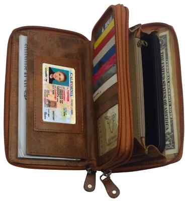 RFID Blocking Genuine Leather Checkbook Secretary Wallet 2 Zipper Card Organizer