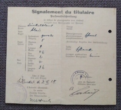 Signalement du titulaire 1918 Personalbeschreibung St.Wendel