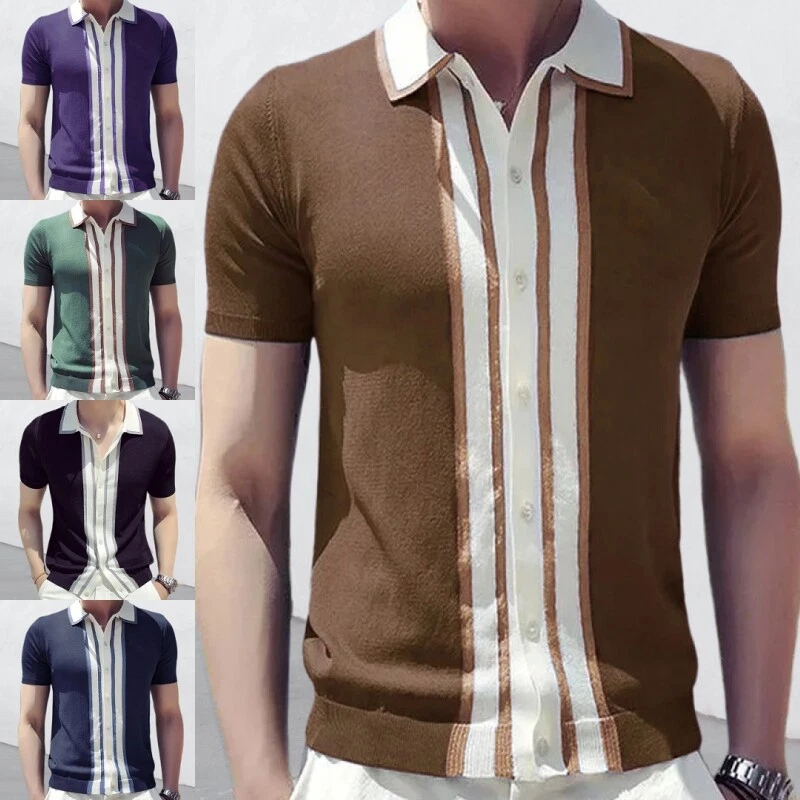 Mens Cardigan Short Sleeve T shirt Knitwear Lapel Neck Holiday Casual Men Shirts