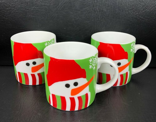 Juego de 3 tazas de muñeco de nieve tamaño infantil porcelana rojo verde caja y barril vacaciones - Imagen 2 de 7