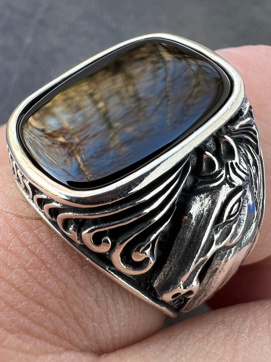 Men's Black Onyx Ring - Solid 925 Sterling Silver With 14k Gold Finish, Size 7-13
