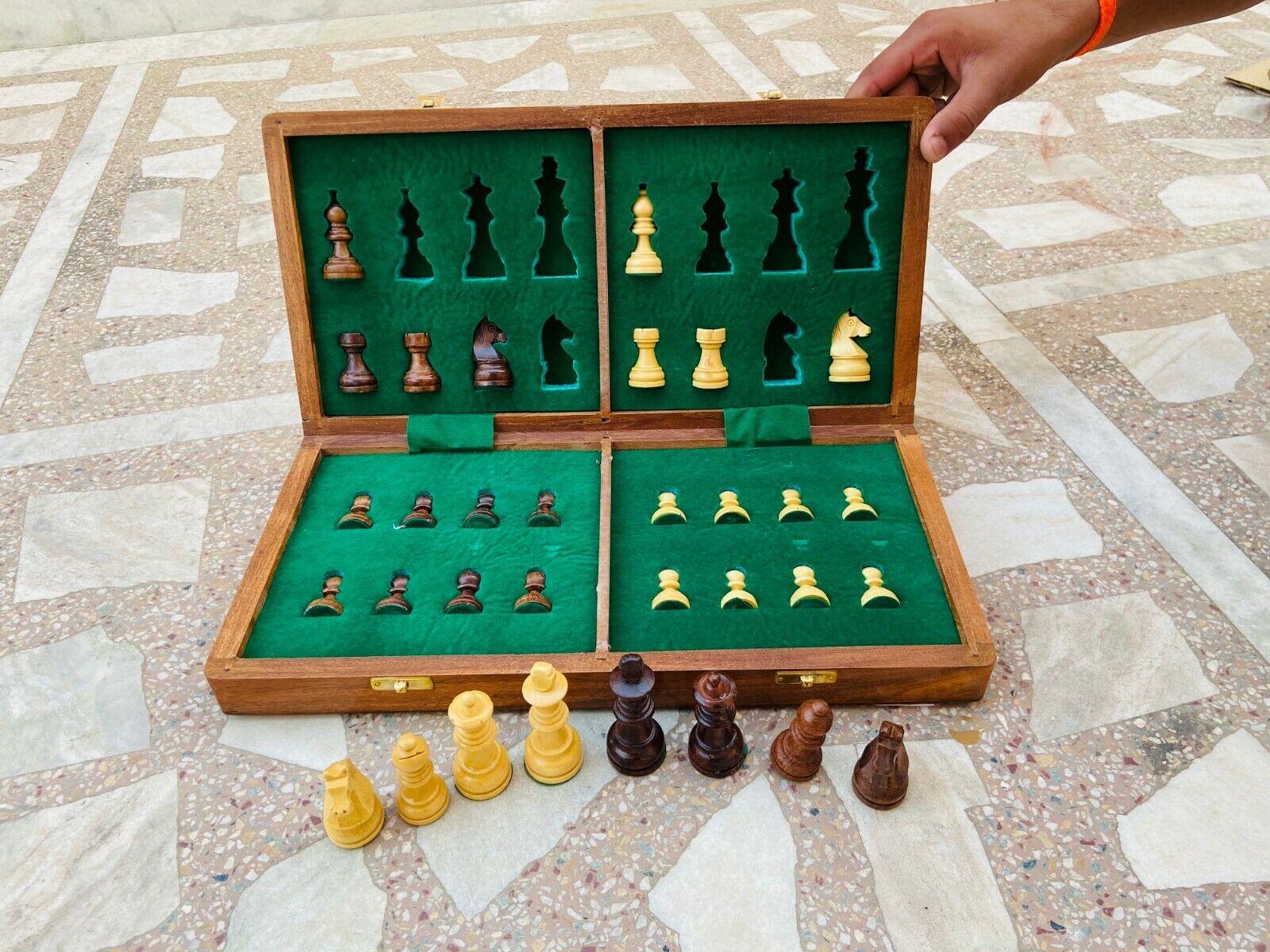 16" Inch Hand Crafted Travel Wooden Chess Set Portable Magnetic Folding Board 