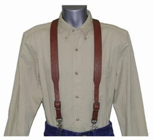 Close Out Brown Ostrich Embosse Leather Suspenders trigger scissor snaps no slip
