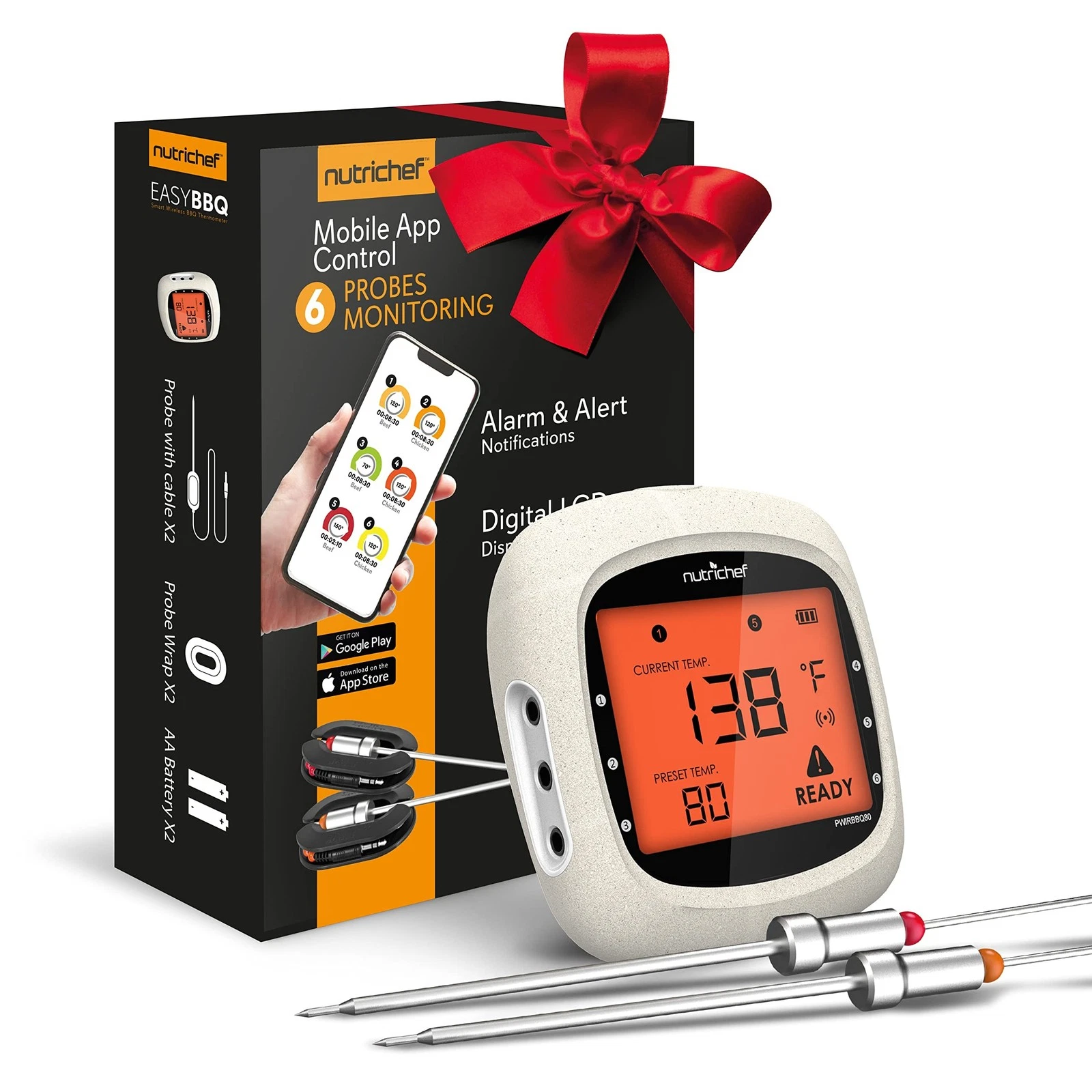 NutriChef Bluetooth Meat Thermometer for Grilling and Smoking, up to 6 Temper...