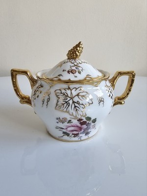 Vintage extrem seltene Royal Crown Derby Goldrebe/Stosies Zuckerdose mit Würfelgriff 