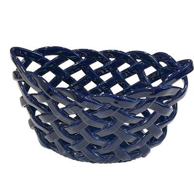 Vintage Primo gi Italy Blue Lattice Basket Oval Handmade Italian Woven Ceramic