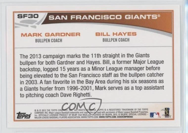 2013 Topps Chevron San Francisco Giants Mark Gardner Bill Hayes #SF30 - Image 2 of 2