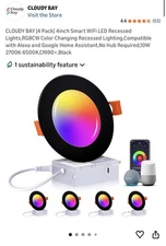 CLOUDY BAY - 4 Pack 6inch Smart WiFi LED Recessed Lights, RGBCW Color Black