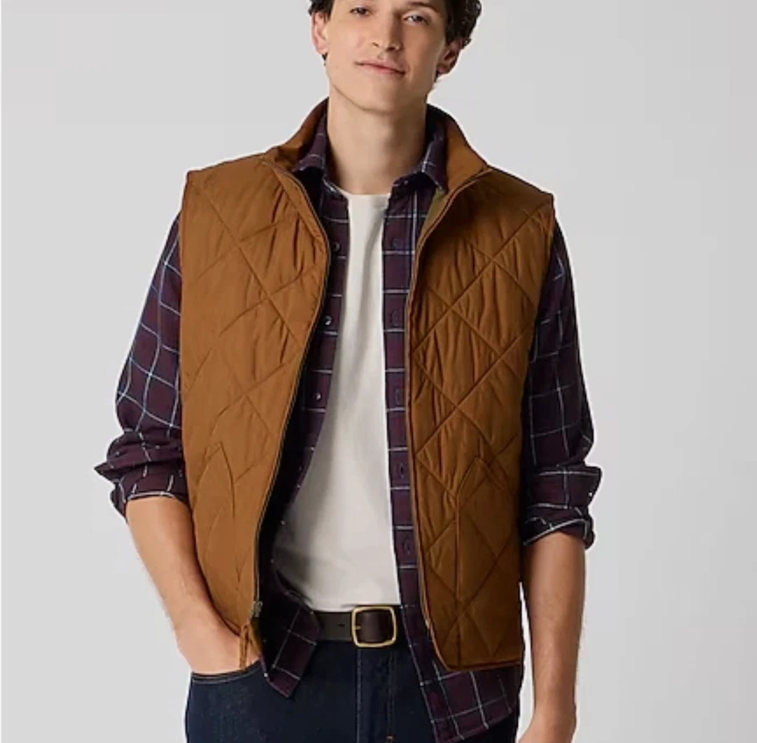 J Crew Men's Quilted Vest S Brown Glazed Pecan Full Zip Pockets Preppy Outdoors