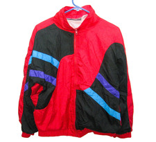 Vintage 80s Women's PM Medium Petite Red Nylon Windbreaker Jacket Colorblock